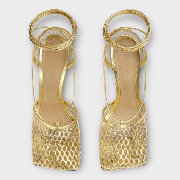 Womans Stretch Mesh Ankle Tie High Heel Sandals In Gold Size 37 - Picture 6 of 12